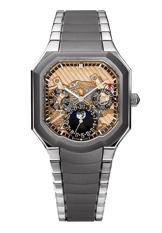 Silver watch with intricate face on a white background