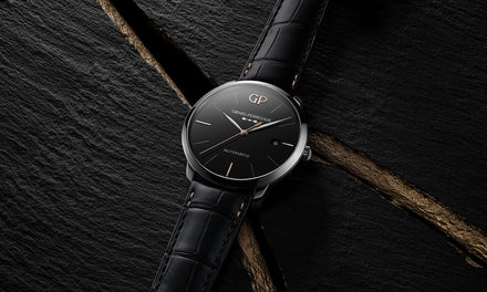 Girard-Perregaux 1966 black dial watch with a black leather strap