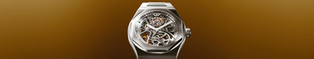 Girard-Perregaux Laureato skeleton watch on an orange background
