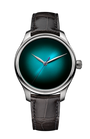 Stainless steel watch with blue lagoon gradient dial, silver hands, and black crocodile-textured leather strap.