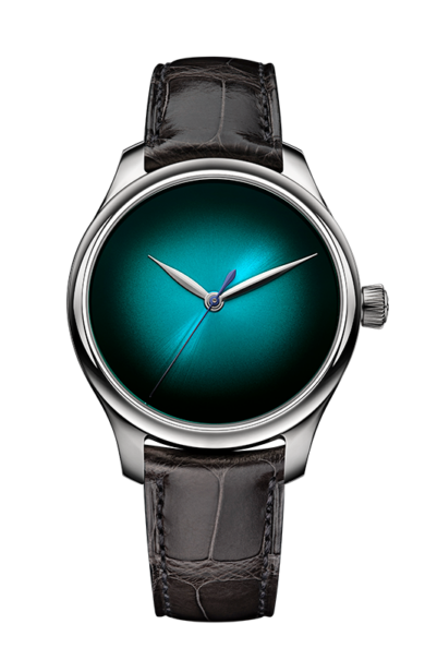 Stainless steel watch with blue lagoon gradient dial, silver hands, and black crocodile-textured leather strap.