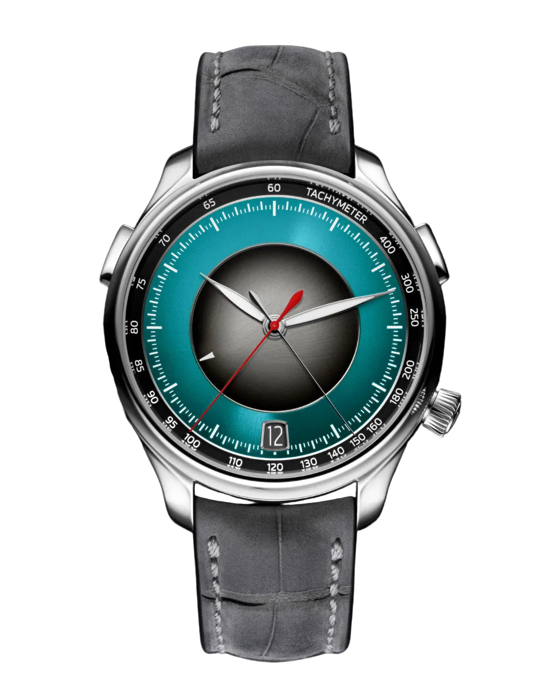 Silver-tone chronograph watch with turquoise dial, black subdial, red seconds hand, tachymeter bezel, and gray leather strap.