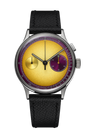 Chronograph watch with golden dial, purple subdials, black leather strap, and stainless steel case.