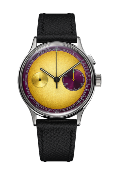 Chronograph watch with golden dial, purple subdials, black leather strap, and stainless steel case.