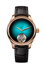 Rose gold watch with turquoise gradient dial, visible tourbillon at 6 o'clock, rose gold hands, and black leather strap.