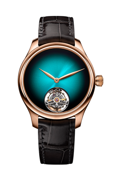 Rose gold watch with turquoise gradient dial, visible tourbillon at 6 o'clock, rose gold hands, and black leather strap.