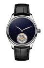 Steel watch with dark blue aventurine dial, visible tourbillon at 6 o'clock, white hands, and black leather strap.