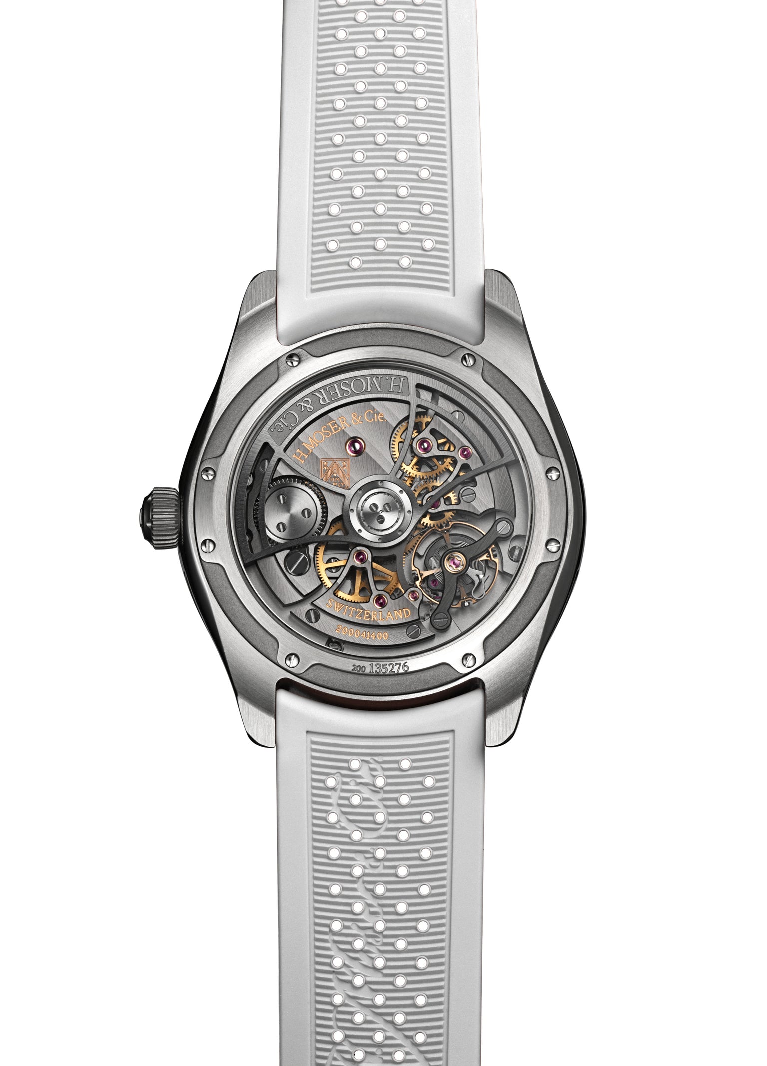 Back view of the H. Moser & Cie Pioneer Centre Seconds Spiced Aqua luxury watch, showing its internal gears and a white textured rubber strap.