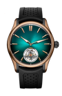 Rose gold and black watch with teal dial, visible tourbillon subdial at 6 o'clock, and black perforated rubber strap.
