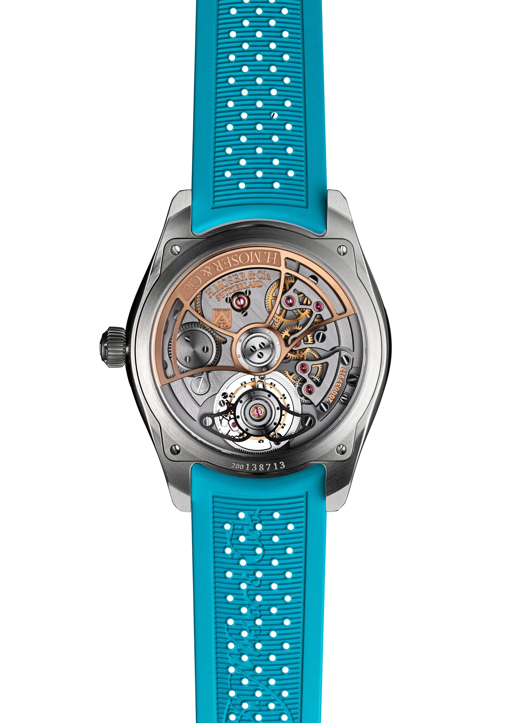 Back view of the H. Moser & Cie Pioneer Centre Seconds Spiced Aqua, showcasing its visible mechanical movement and a striking bright blue perforated strap.