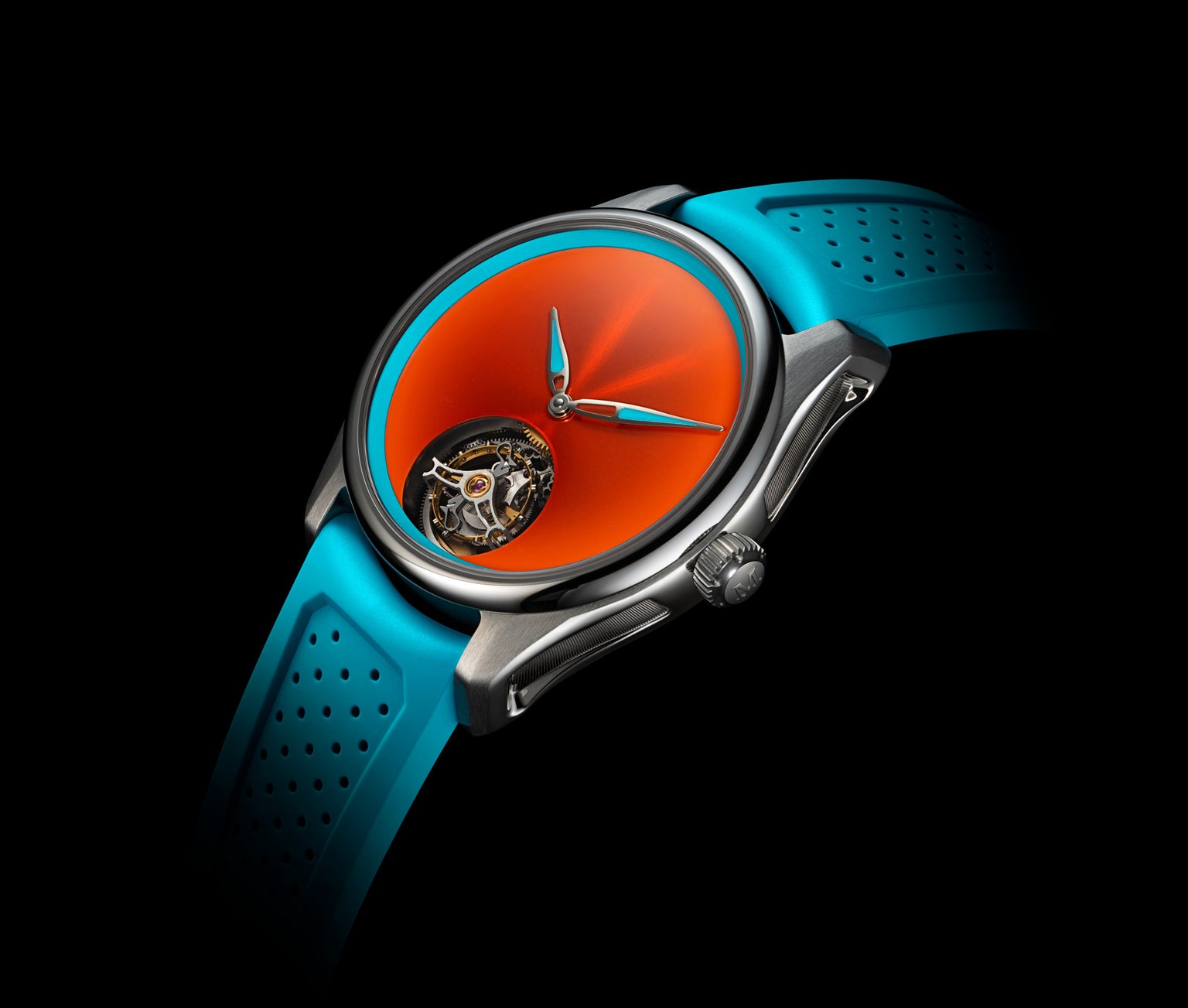 The H. Moser & Cie Pioneer Centre Seconds Spiced Aqua features a vibrant orange dial, visible tourbillon, and a blue perforated strap, displayed against a black background.