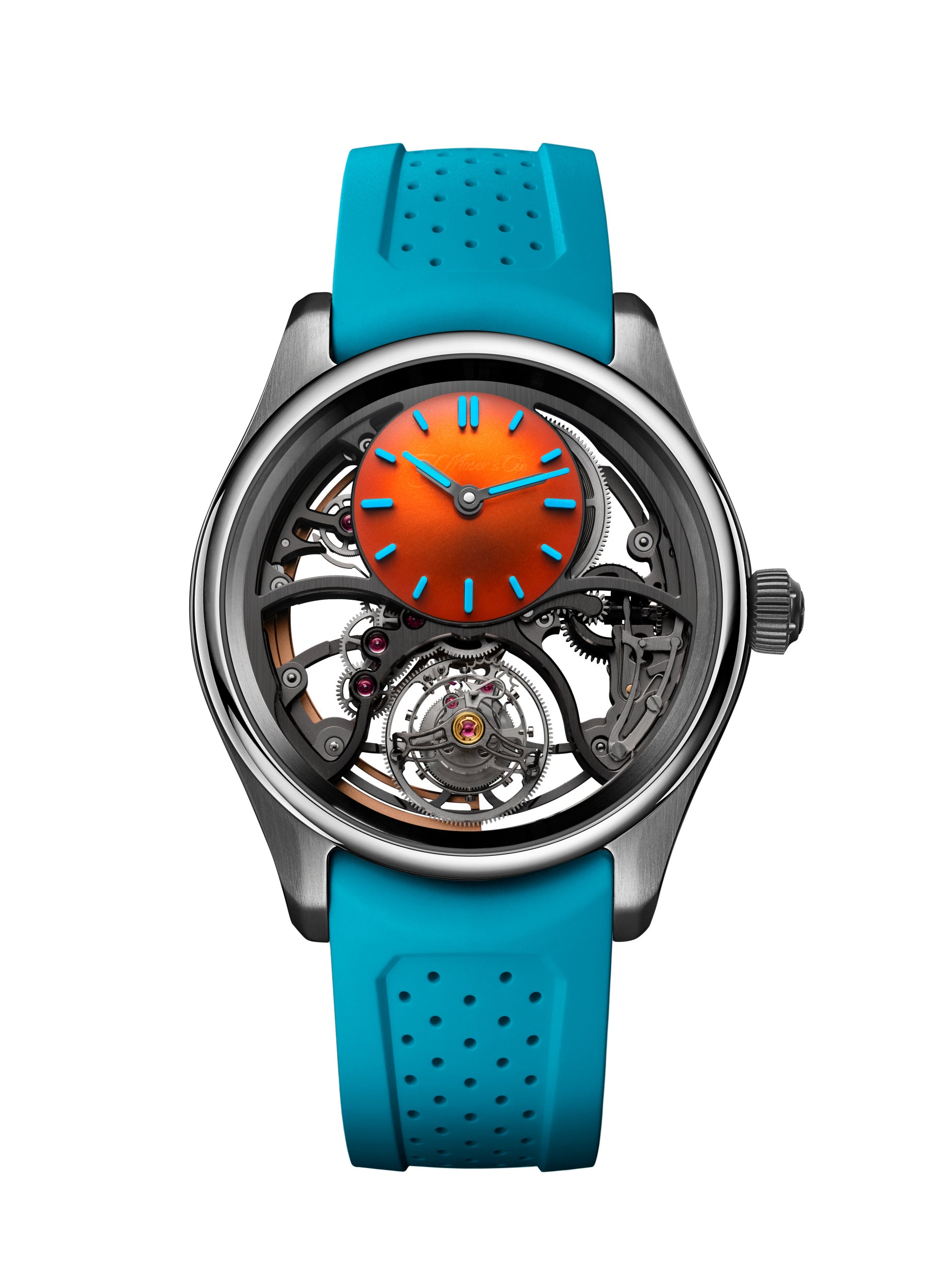 The H. Moser & Cie Pioneer Cylindrical Tourbillon Skeleton Spiced Aqua features a skeleton design with an orange dial, blue hands, blue strap, and visible mechanical inner workings.