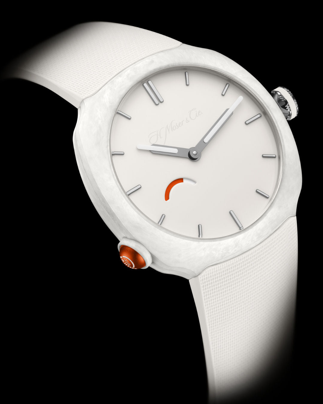 White watch with round dial, silver hour markers and hands, orange accent subdial, and white rubber strap.