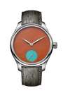 Silver-tone watch with rust-orange dial, turquoise small seconds subdial, and dark textured leather strap.