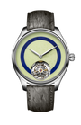 Luxury watch with a green face and gray strap on a white background