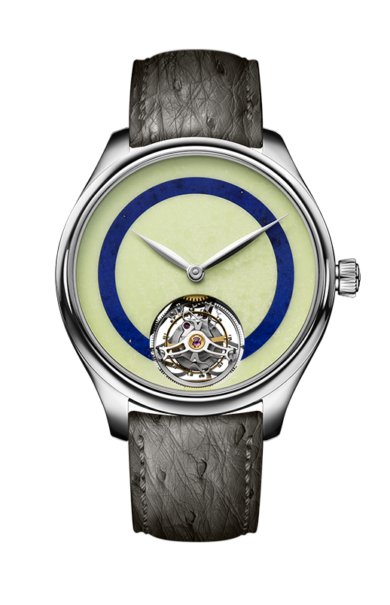 Luxury watch with a green face and gray strap on a white background