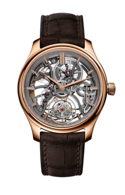 Luxury watch with brown leather strap and rose gold case on white background