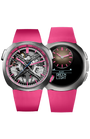 Pink watcH with different display designs on a white background