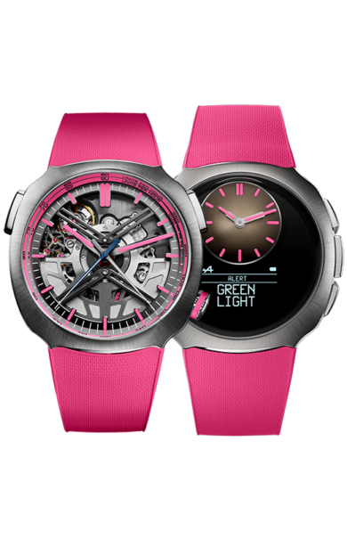 Pink watcH with different display designs on a white background