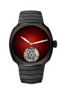 H. Moser watch with black strap and red face on a white background