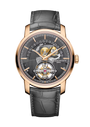 Rose gold watch with open face, black dial showing tourbillon mechanism, retrograde date display, and gray leather strap.