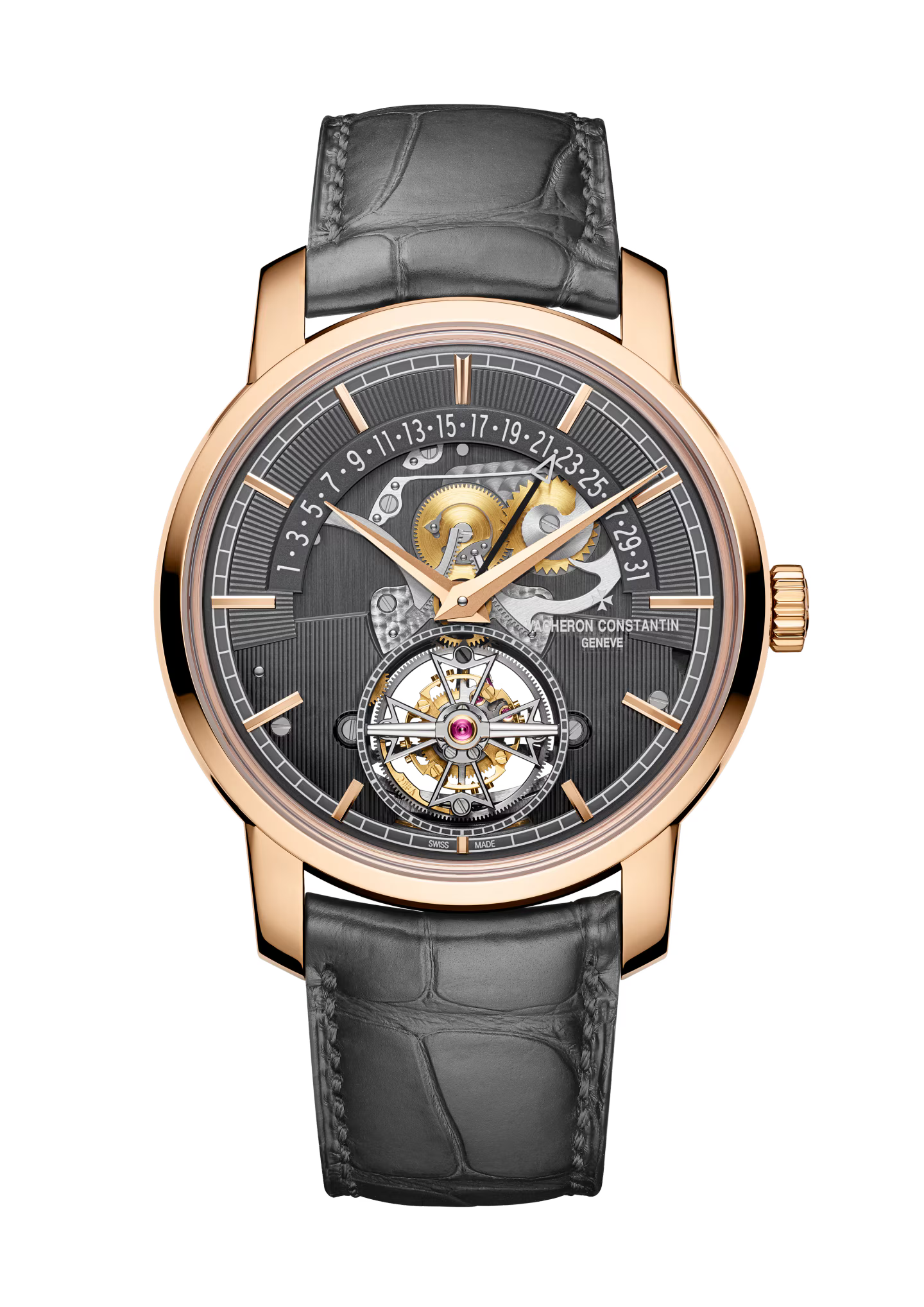 Rose gold watch with open face, black dial showing tourbillon mechanism, retrograde date display, and gray leather strap.