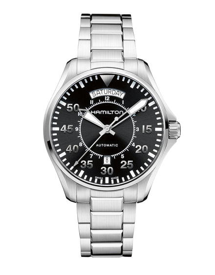 A stainless steel Hamilton wristwatch with a black dial, white numerals, and day-date display.