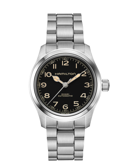 Silver Hamilton wristwatch with a black dial, Arabic numerals, and a stainless steel bracelet.