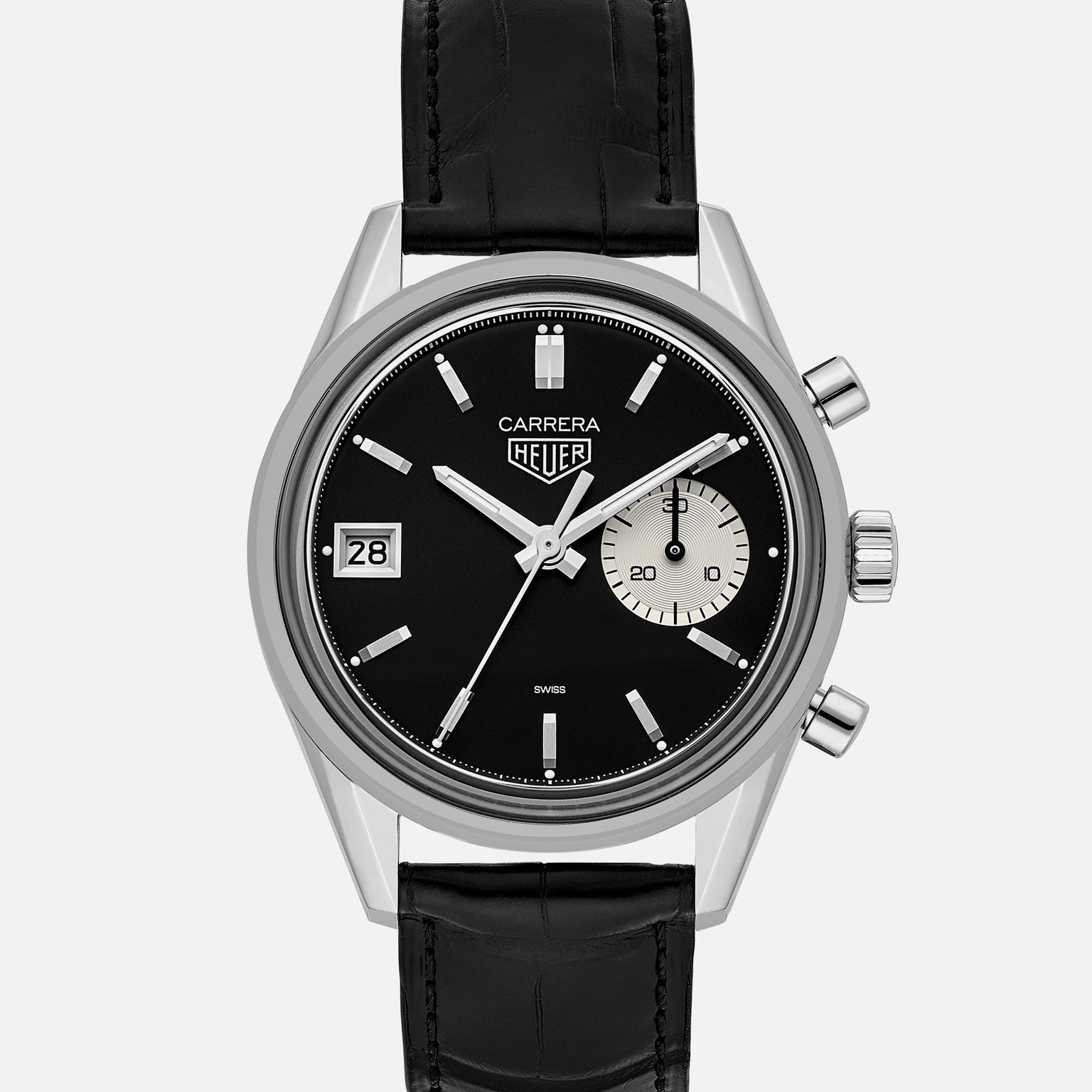 The TAG Heuer Carrera Dato Limited Edition for HODINKEE features a silver case, black dial, date display at 9 o’clock, two pushers, and a black leather strap.