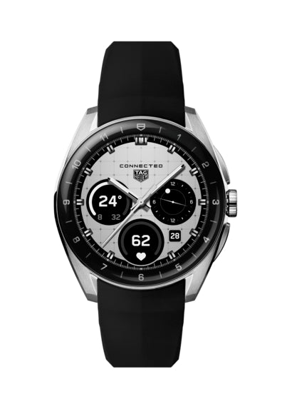 The TAG Heuer Connected Calibre E5 40mm is a luxury smartwatch with a black strap, silver bezel, and digital white dial that displays time, date, steps, and weather.