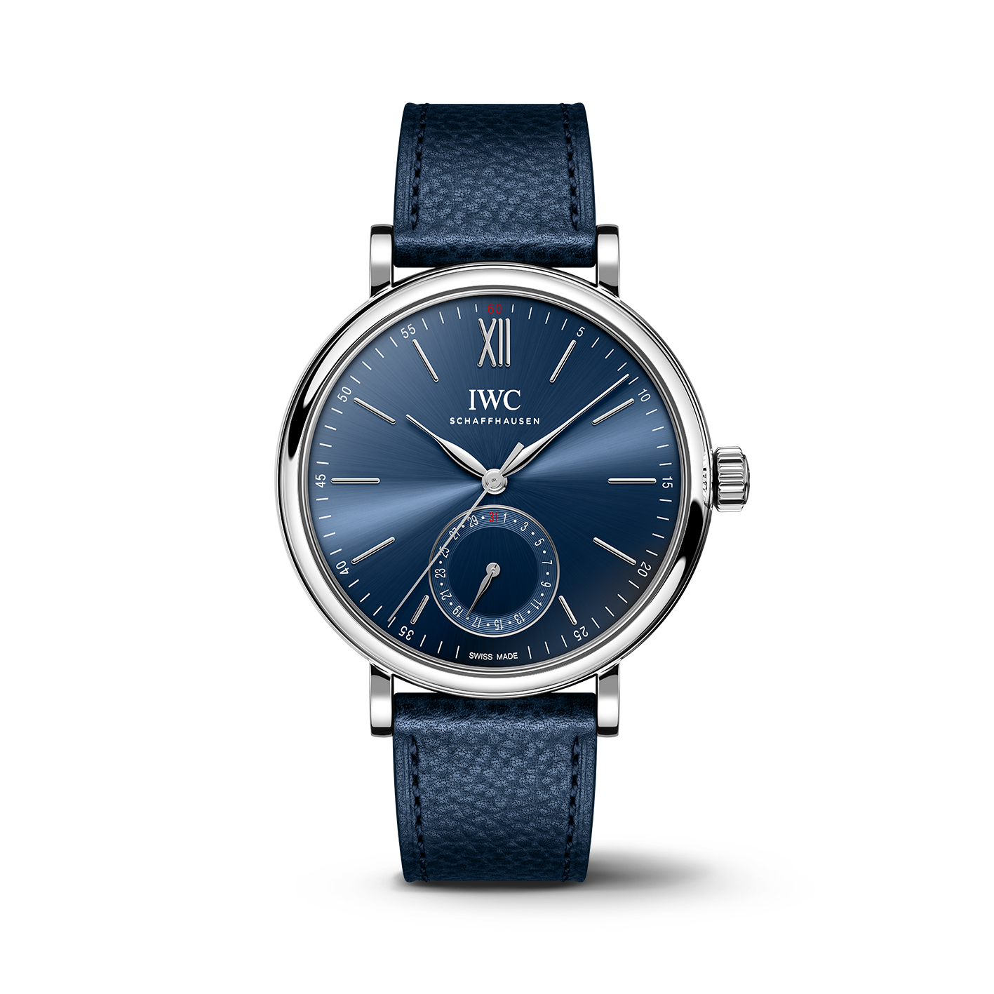 IWC Schaffhausen Portofino Automatic Pointer Date Laureus watch with blue dial and navy leather strap