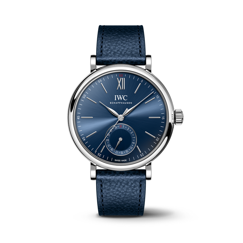 IWC Schaffhausen Portofino Automatic Pointer Date Laureus watch with blue dial and navy leather strap
