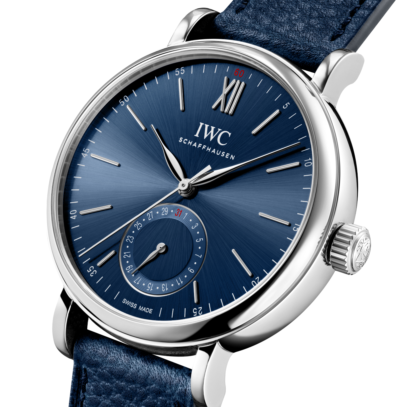 IWC Schaffhausen Portofino Automatic Pointer Date Laureus watch with blue dial and navy leather strap