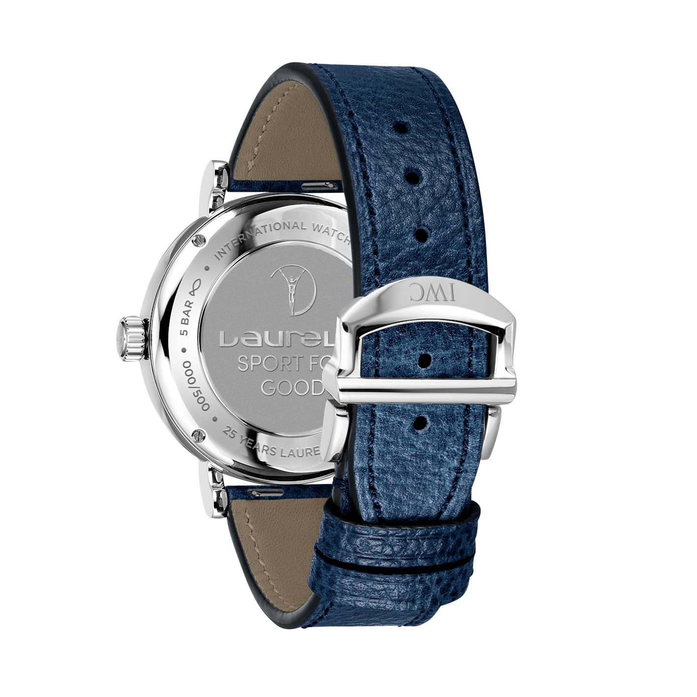 IWC Schaffhausen Portofino Automatic Pointer Date Laureus watch with an engraved case back and a navy leather strap