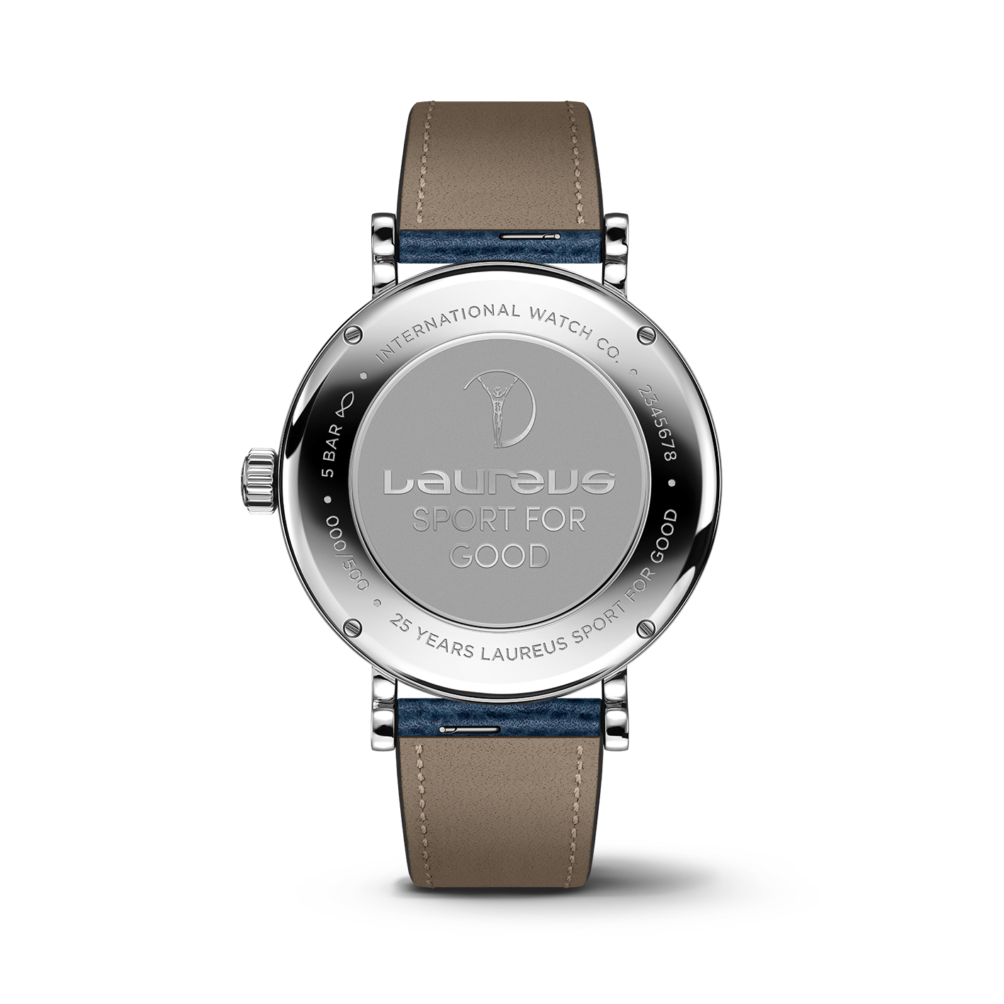 IWC Schaffhausen Portofino Automatic Pointer Date Laureus watch with engraved case back and navy leather strap