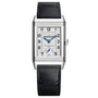The Jaeger-LeCoultre Reverso Classic Monoface Small Seconds is a rectangular luxury wristwatch with a silver dial, blue hands, black Arabic numerals, small seconds subdial, and a black calfskin strap. Brand logo adorns the dial.