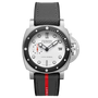 The Panerai Submersible Luna Rossa is an automatic watch featuring a white dial, black bezel, date display, 3-day power reserve, black strap with red stripe, P.900 calibre, and signature crown guard on a plain white background.