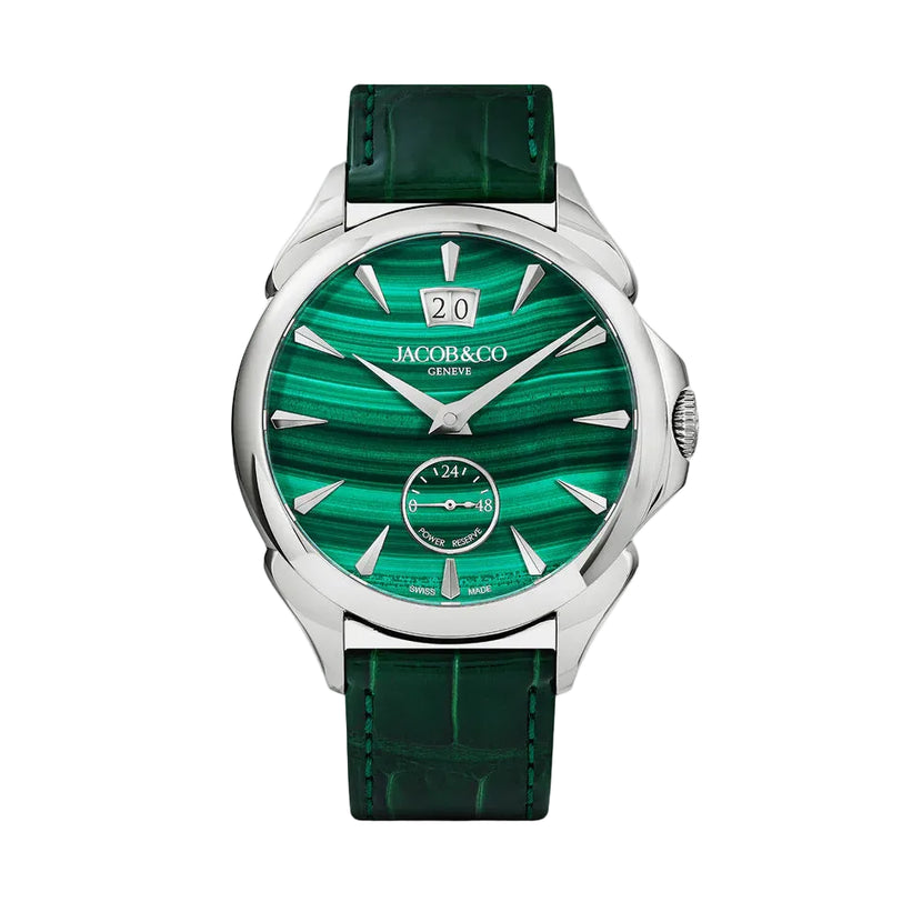 Silver-tone watch with green malachite dial, silver hour markers, date window, and matching green leather strap.