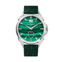 Silver-tone watch with green malachite dial, silver hour markers, date window, and matching green leather strap.