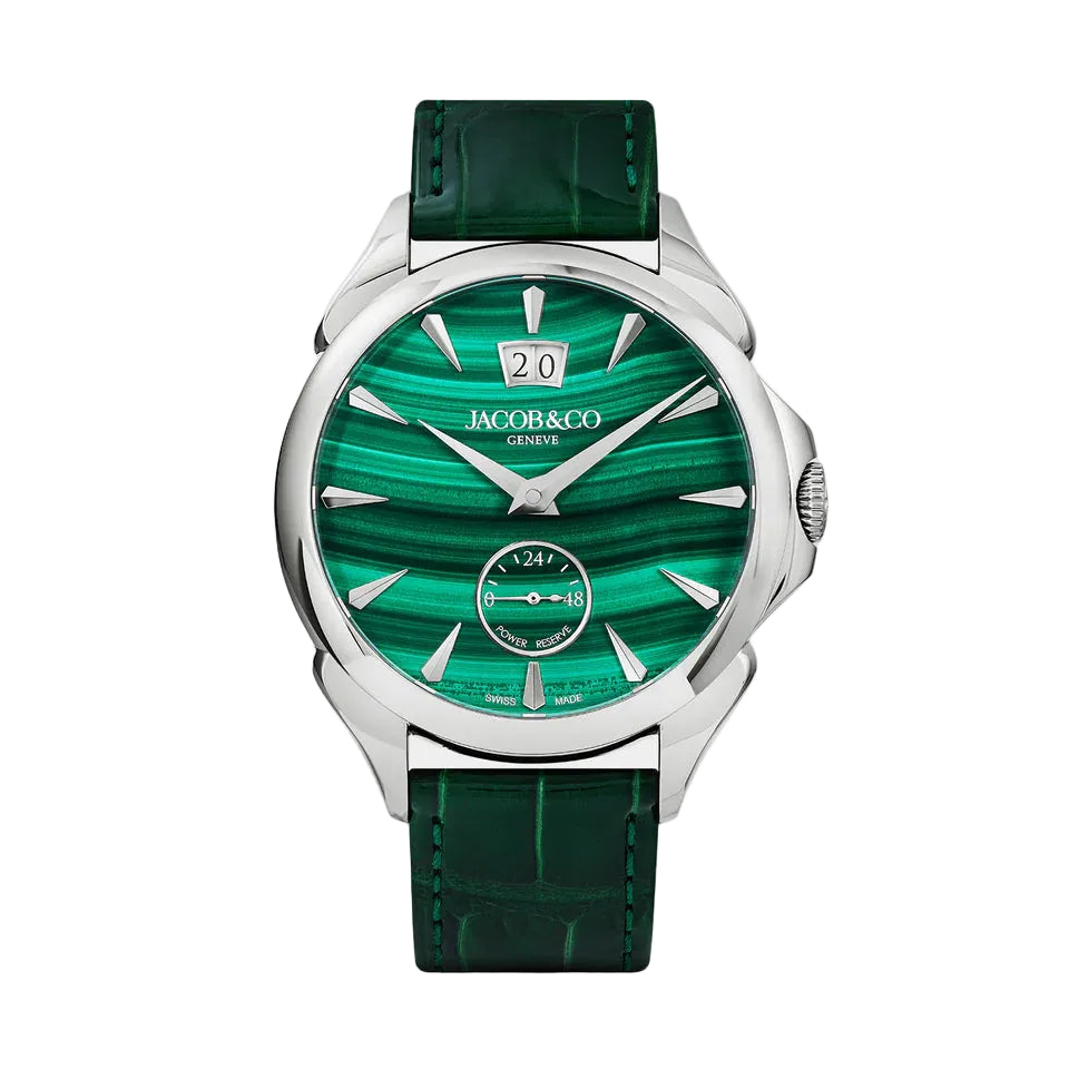 Silver-tone watch with green malachite dial, silver hour markers, date window, and matching green leather strap.