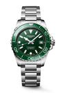 Longines watch with green dial and silver metal bracelet on a white background
