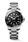 Silver watch with black dial on a white background