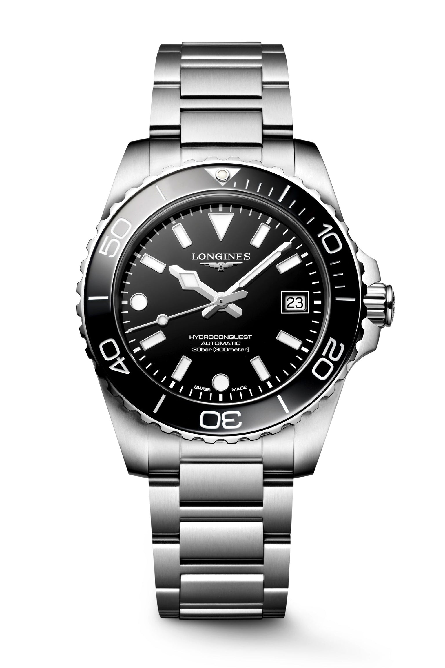 Silver watch with black dial on a white background