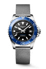 Watch with blue bezel and silver mesh band on a white background