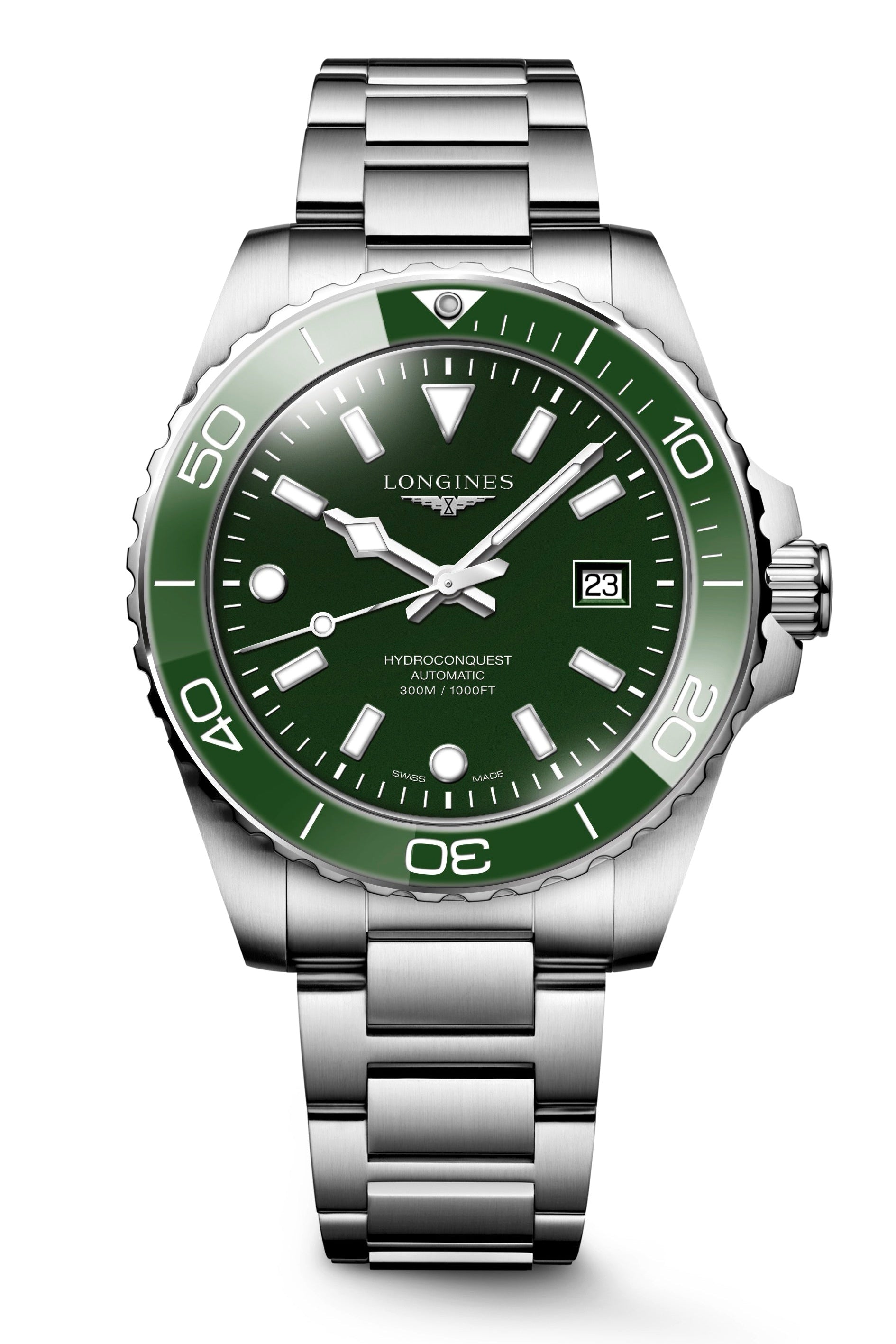 Longines watch with green dial and silver bracelet on a white background