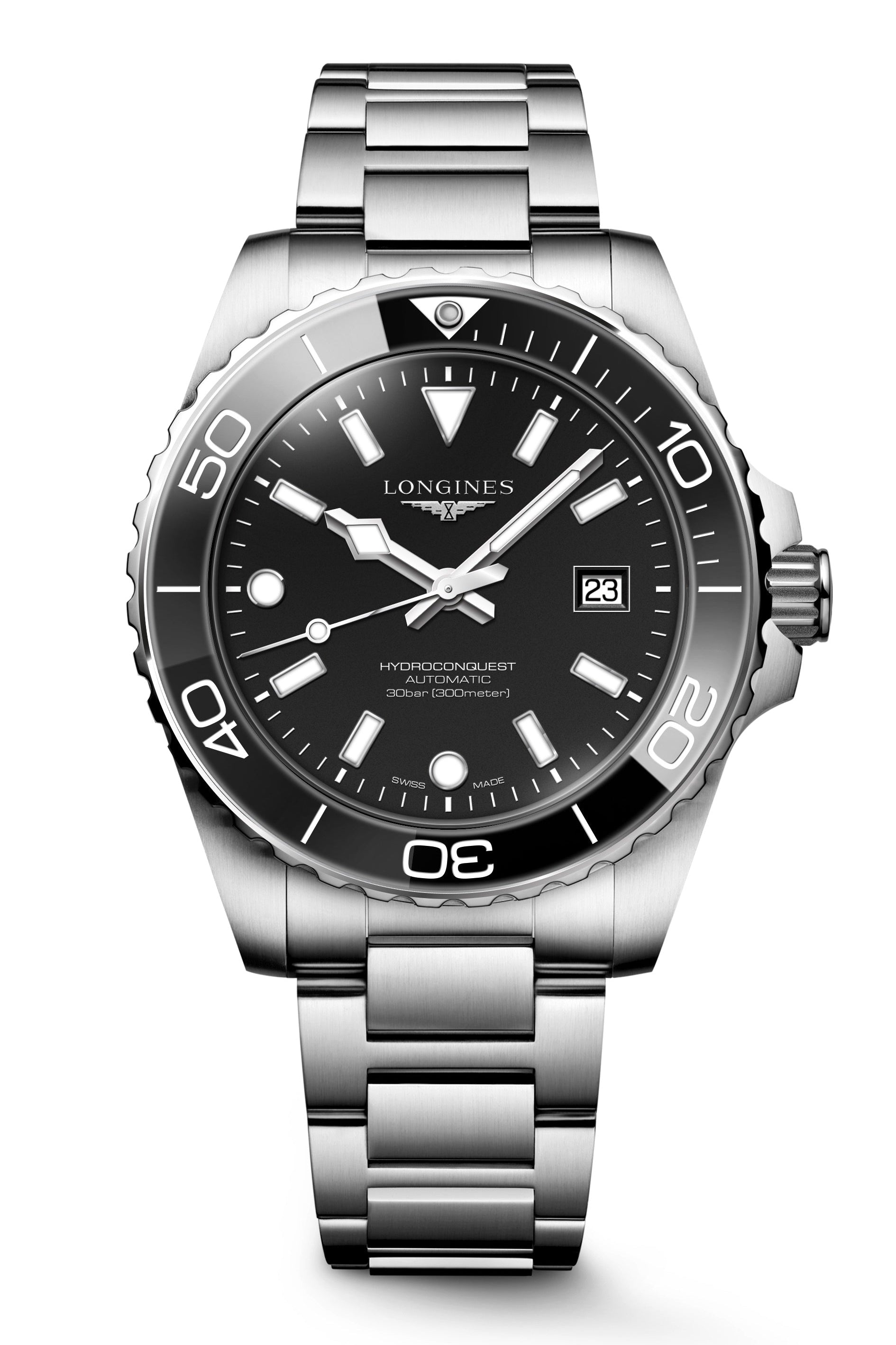 Silver watch with black dial on a white background
