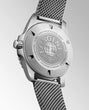 Silver watch with mesh band on a light gray background