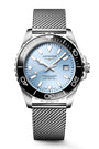 Silver watch with blue face on a white background