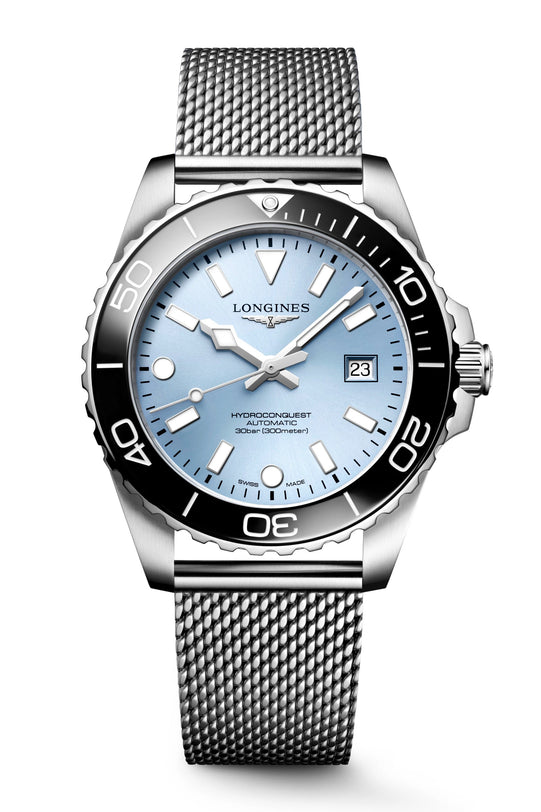 Silver watch with blue face on a white background