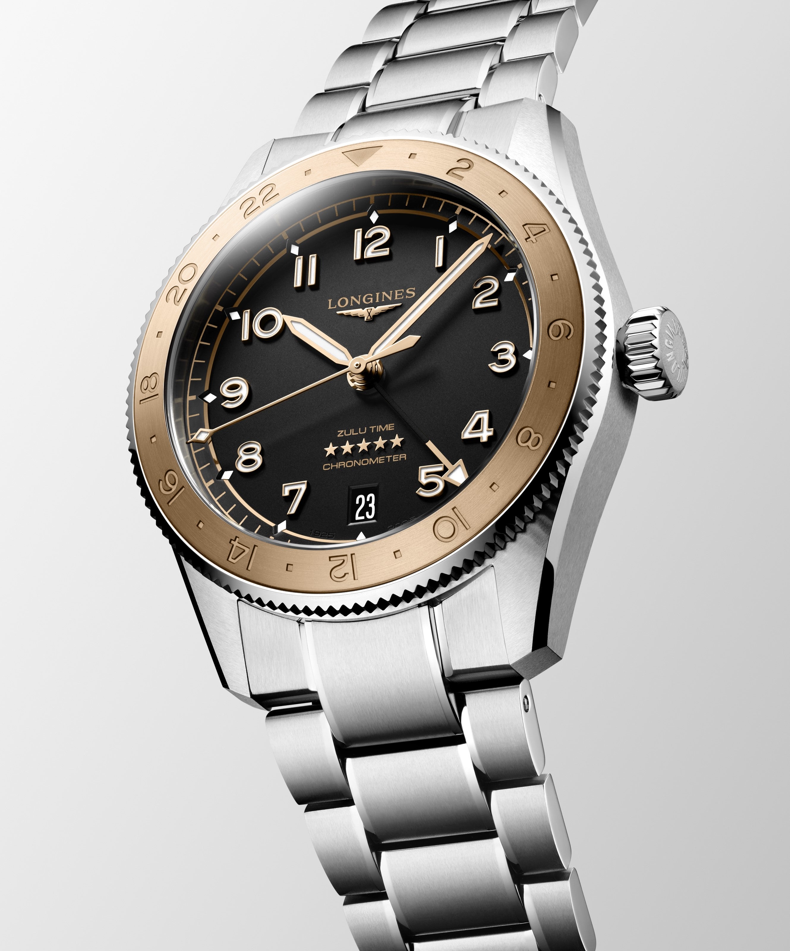 Spirit Zulu 1925 watch with a gold crown and black dial 